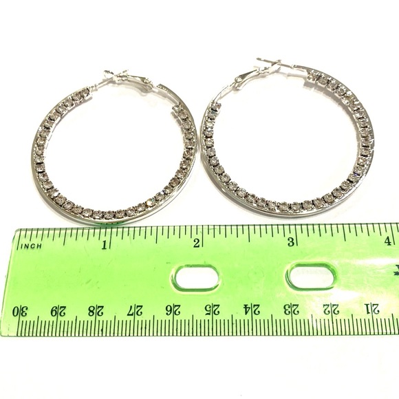 Hoop Earrings Silver Tone Rhinestones 2” - Picture 2 of 4